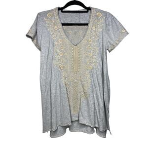 Johnny Was Gray Kemi Knit Drape Short Sleeve Blouse Top Embroidered Women's M?